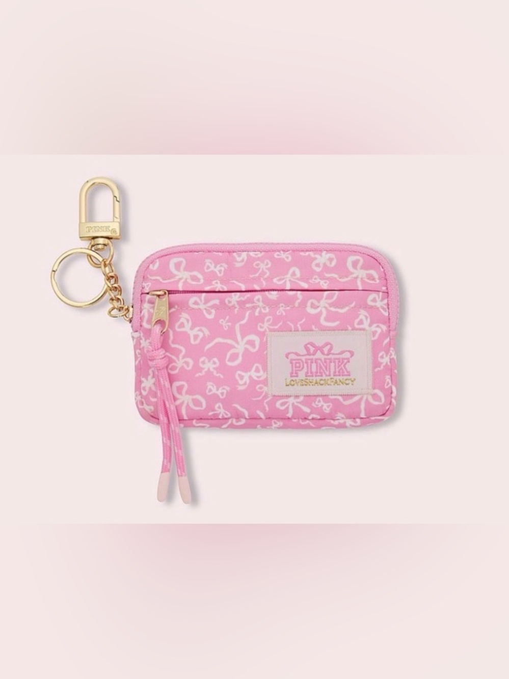 LOVESHACKFANCY X VS PINK ZIP CARDCASE WALLET KEYCHAIN TOSSED BOWS NWT HTF RARE